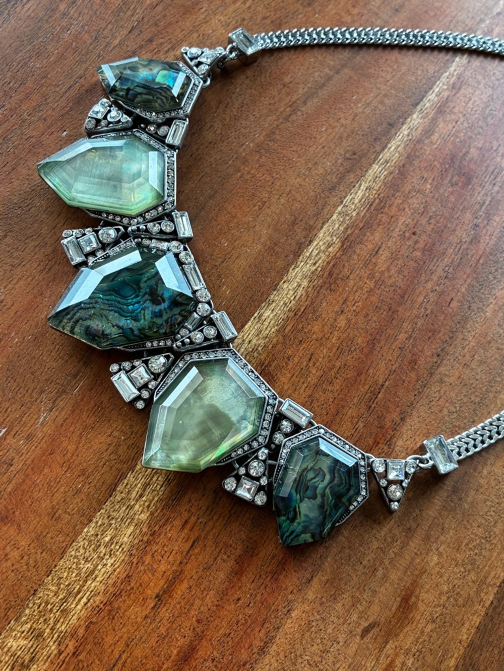Chloe + Isabel Statement Bib Necklace Green Stone Abalone Style Crystal Silver - Picture 3 of 11